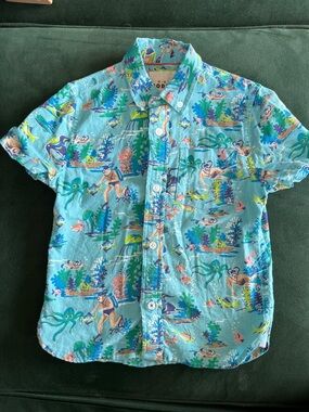 Mini Boden Short-Sleeve Button-Up Shirt in Aqua Ocean Print